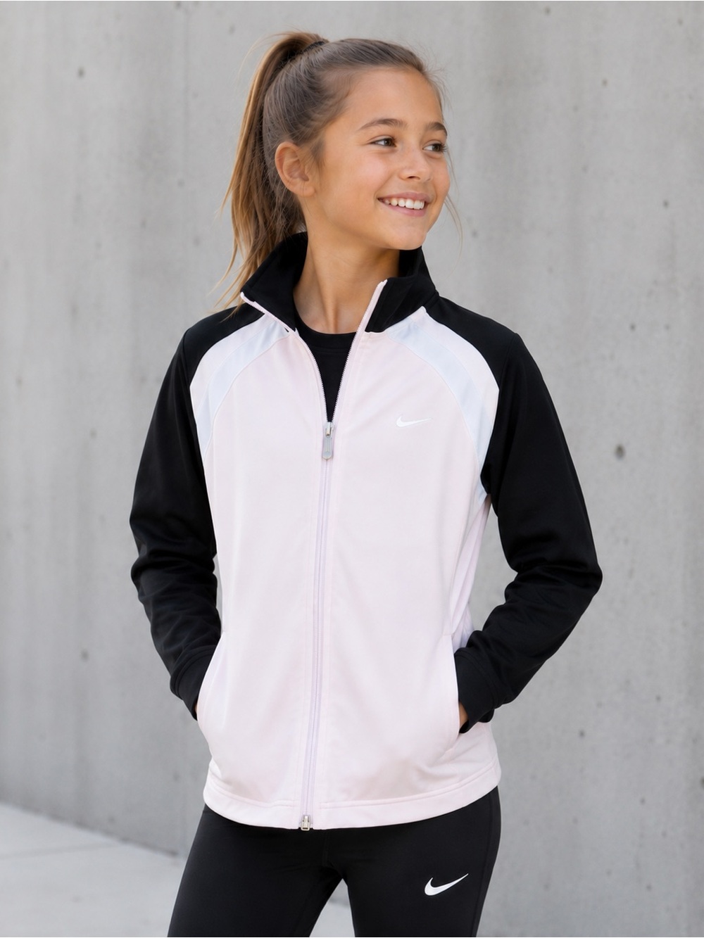 Nike Girls Youth Medium Full Zip Track Jacket Black Pink 3/$30